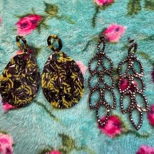 2 pairs of earrings.  1-hematite crystals 1-lime green, black & white.